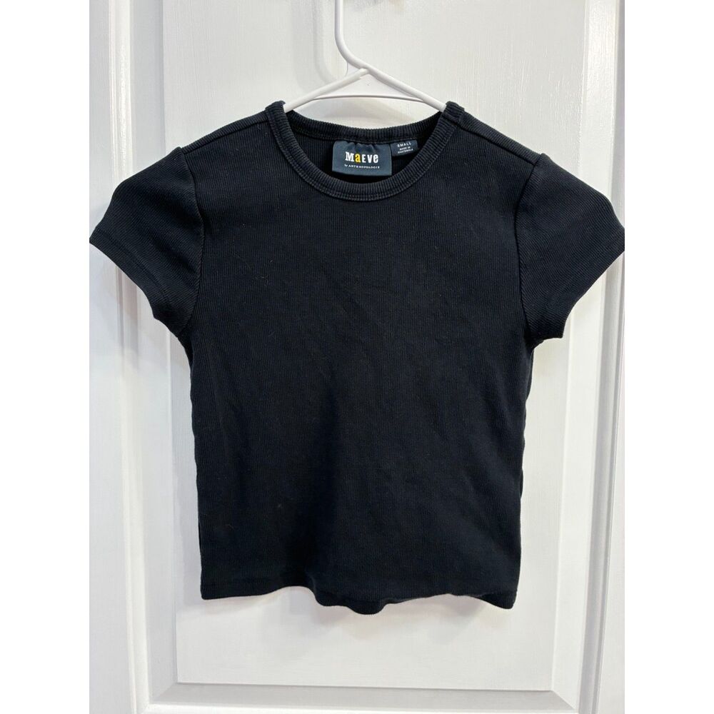 Maeve Anthropologie Black Ribbed Crew Neck Short Sleeve Tee Size Small